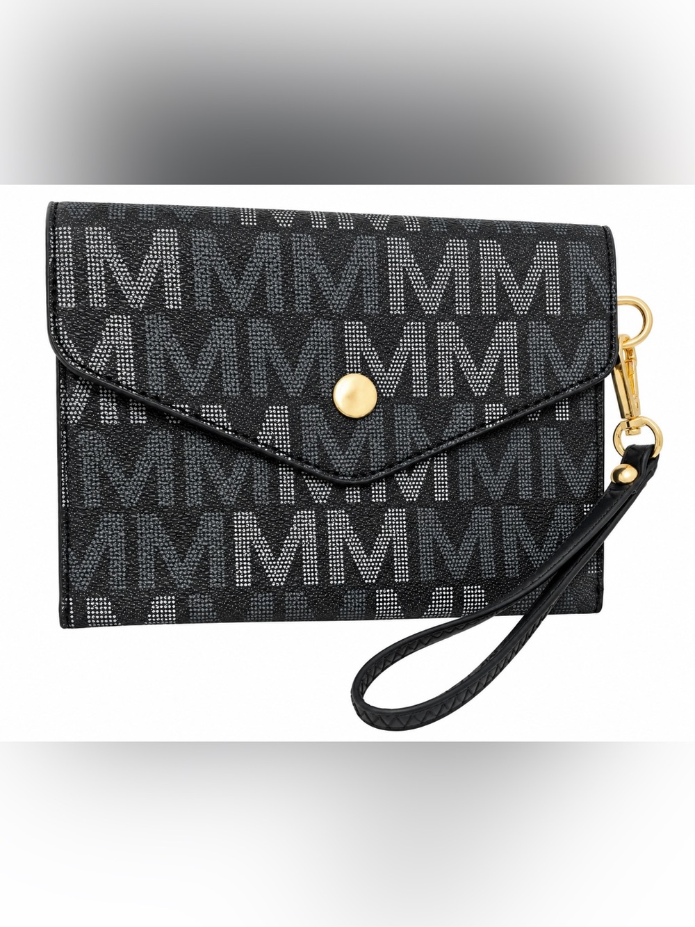 Designer Inspired Black Logo-Pattern Envelope Wristlet with Gold Snap, 🩶🖤